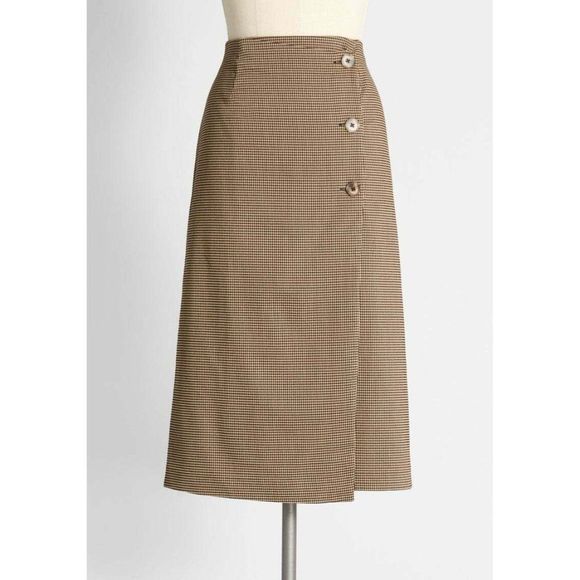 ModCloth Skirt Brown Checkered Long A Line Side Button Midi Lined Skirt Size 4 - Picture 1 of 10